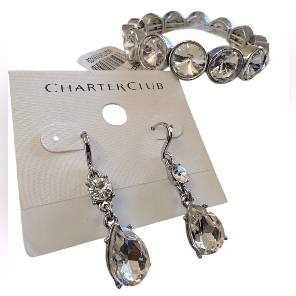 Charter Club Rhodium Clear Crystal Silver Tone Drop Earring Stretch Bracelet Set